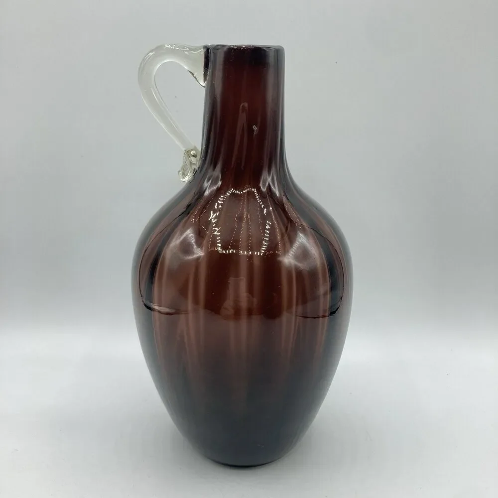 Vtg Handblown Art Glass Amethyst Ribbed Optic Jug Applied Clear Handle 8.75